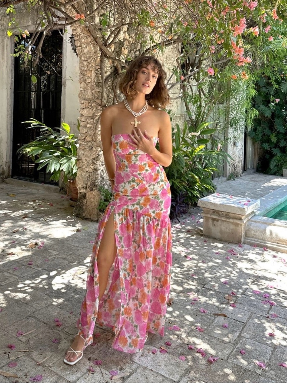 12th Tribe Strapless Drop Waist Pink Floral Maxi Dress - Picture 2 of 16
